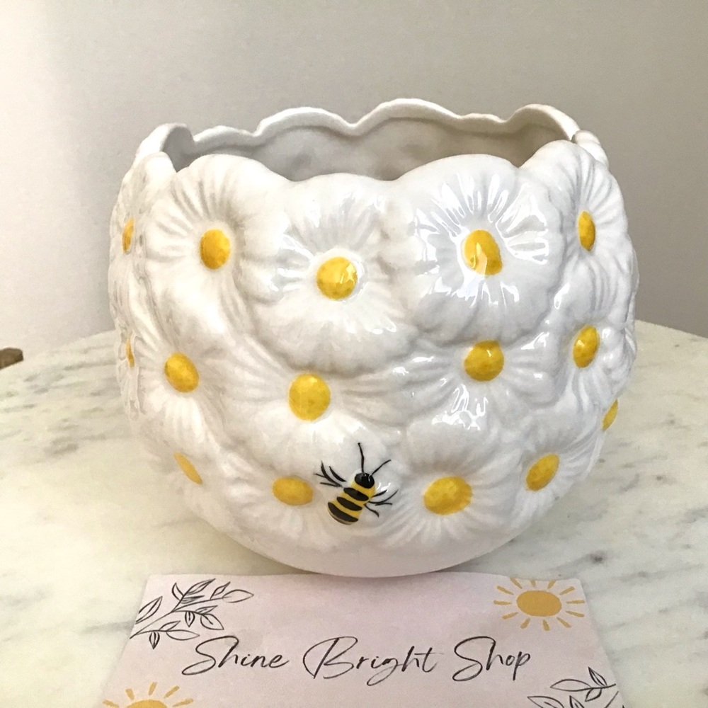 Anthropologie Flower Pot Vase Planter Handpainted Stoneware Daisy New With Tag - Picture 4 of 7